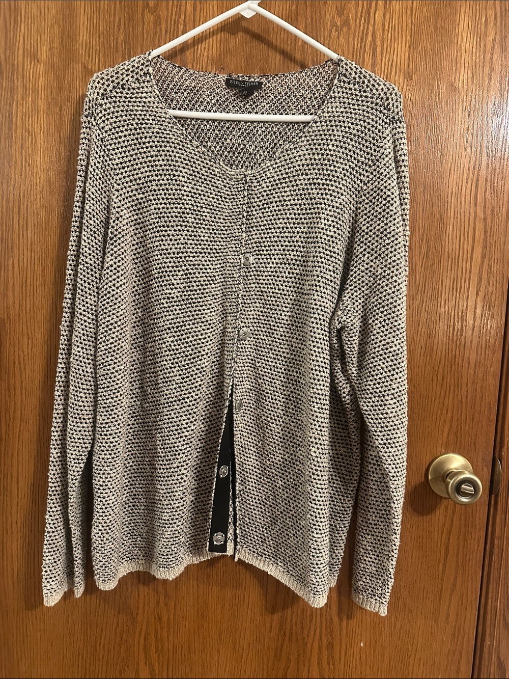 Eileen Fisher Black and Cream Open-Knit Button Cardigan